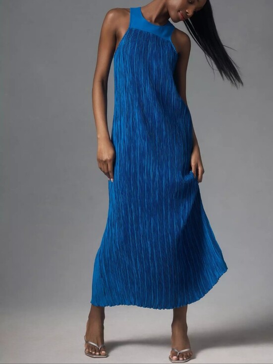 Anthropologie Dresses & Skirts - NWT Anthropilogie Dress Halter Plissé Sleeveless Large Maxi Blue Pleated